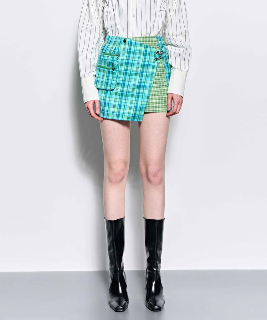 Kimjisu Check Paneled Mini Wrap Skirt _ Green
