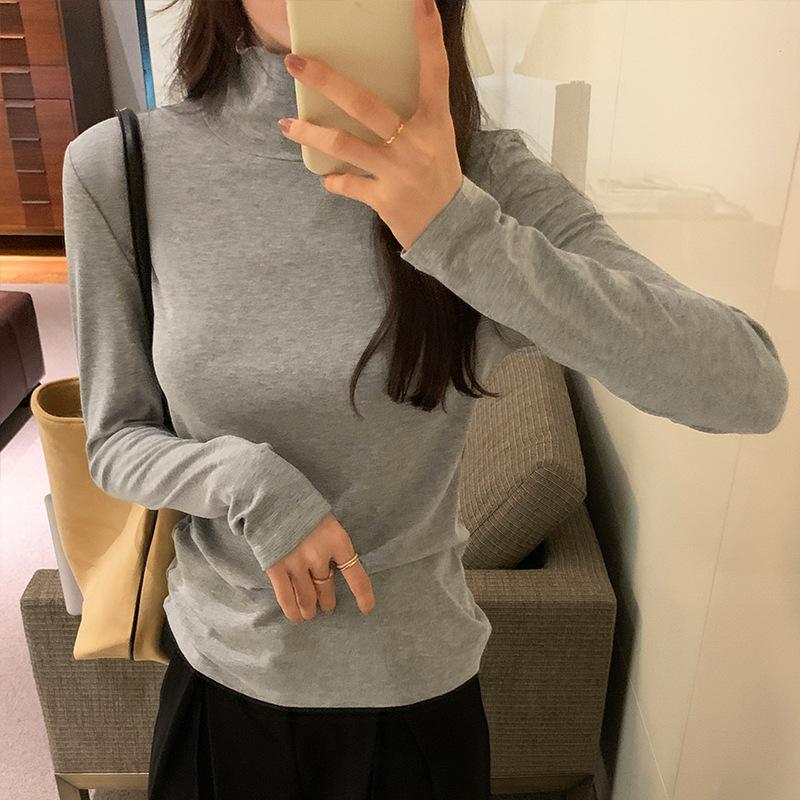Fungus High Collar Solid Color Slimming Long-sleeved T-shirt Women's Autumn and Winter New Ins Right Shoulder Inner Layering Shirt Top