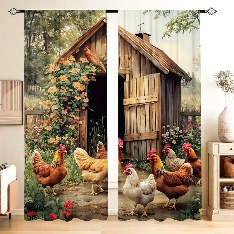 

2pcs- Retro country-style chicken coop patterns - Printed curtains window decorations home decorations room decorations 100*130 Rod Pocket 1pcs