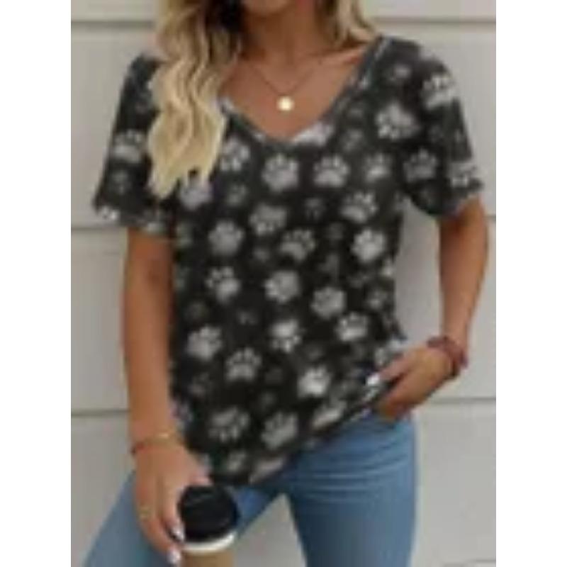 Cartoon T-shirt Women's Short Sleeve Summer Outdoor Casual V-Neck Short Sleeve Tops Oil Painting Puppy Print Plus Size Clothing