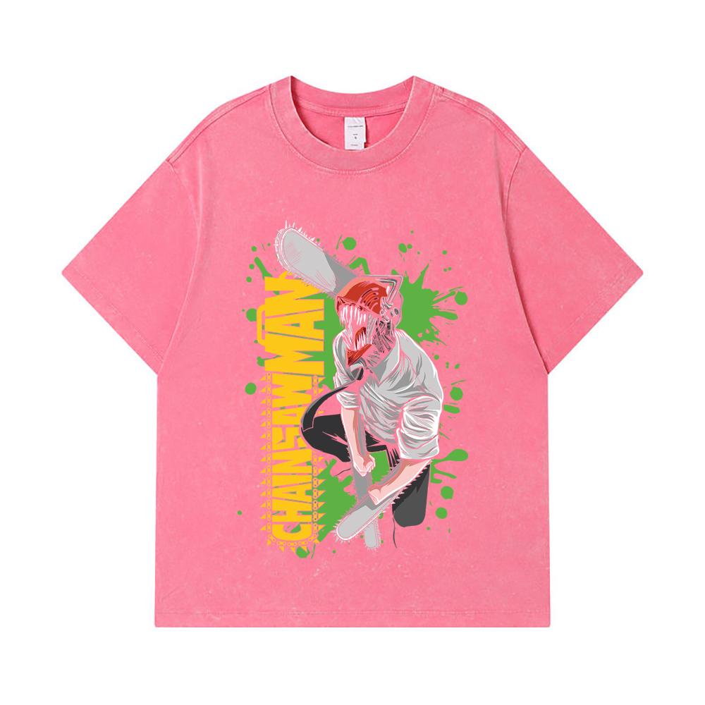 275 GSM Washed T-shirts 100% Cotton Chainsaw Man V22 Denji Print Unisex Heavy Cotton T Shirt