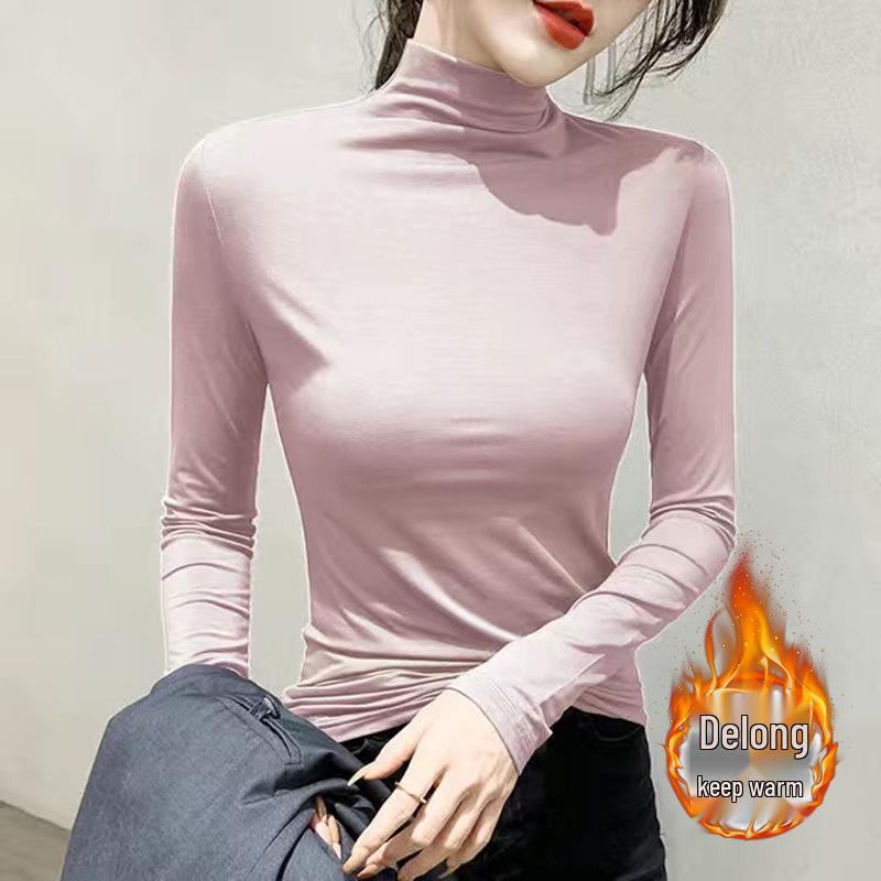 Green Double-Sided Plush High Neck Long Sleeve Women s T-shirt 4XL