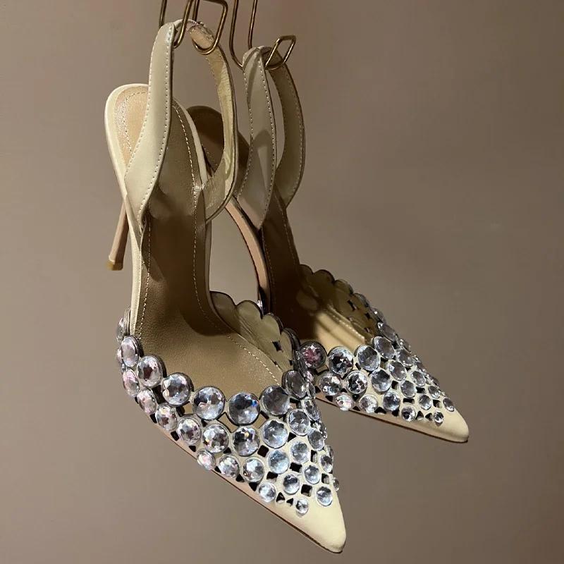 Rhinestone Decoration Multi-colored Hollow Stiletto Glitter Crystal Sandals Pointed Sandals Wedding Luxury High Heel Women Shoes