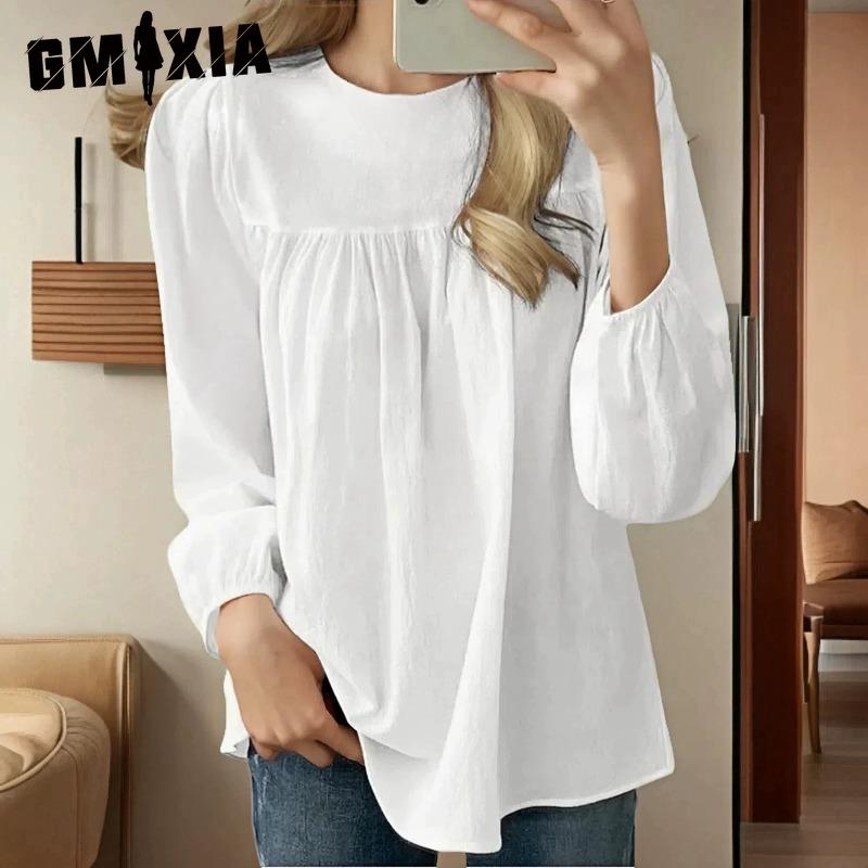 GMXIA Women's Fashion Casual Solid Color Print Long Sleeve O Neck Blouses & Shirts