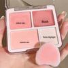 Korean Style 4-Color Blush & Highlight Palette: Matte & Shimmer for Dimensional Contouring and Face Brightening.