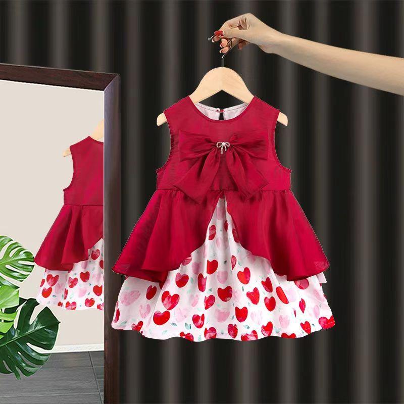 Girls Summer Bow Princess Dress Cute Knee Length Party Gown For Kids