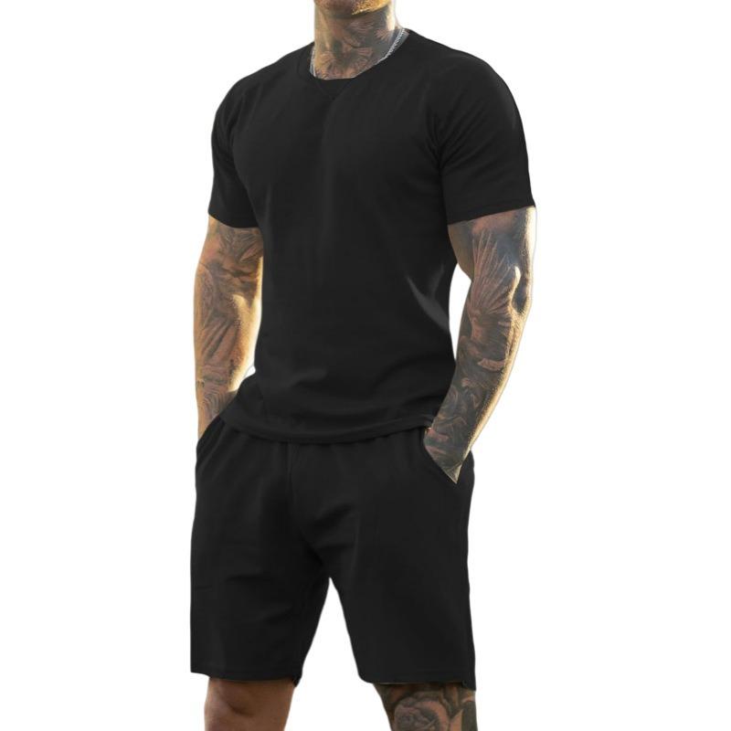 

Mens Casual Solid Color V Neck Short Sleeve T Shirt And Drawstring Shorts Set M чёрный