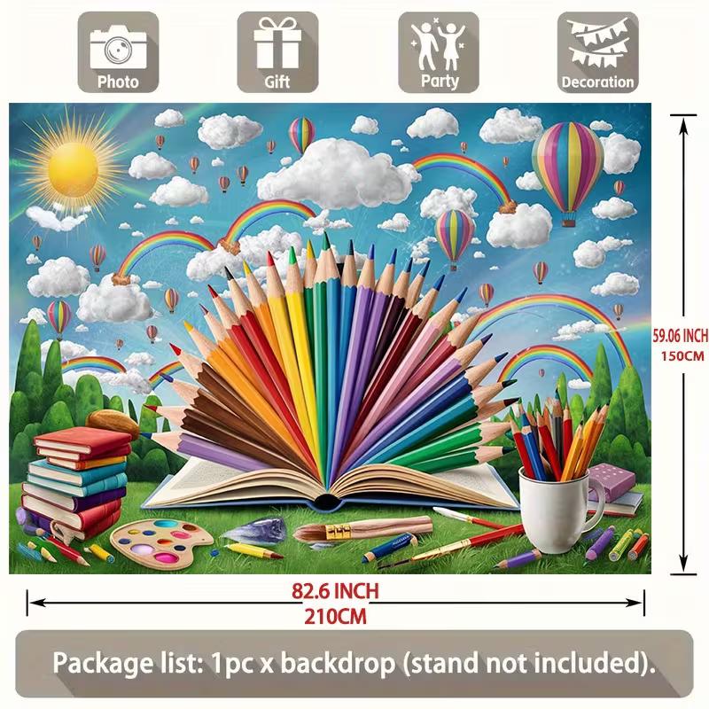 Colorful Pencil & Book Backdrop, Art Classroom Photography Background