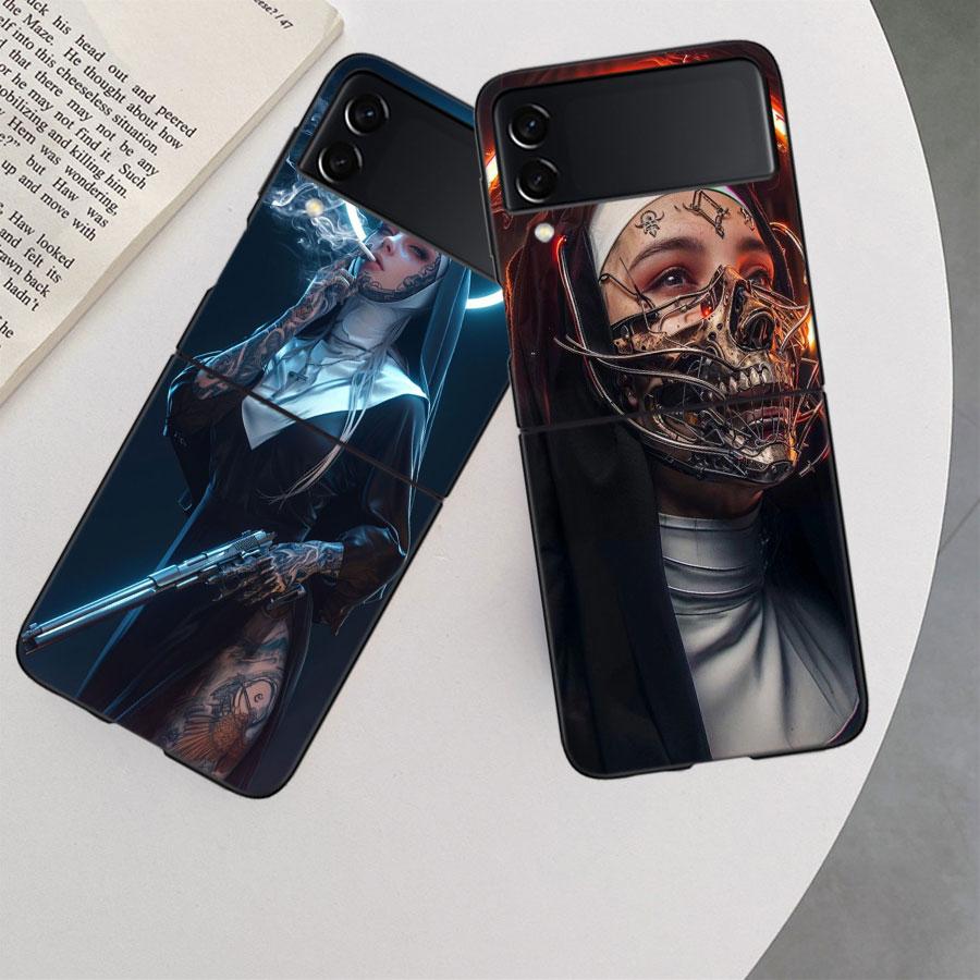 Dark Nun Phone Case For Samsung Z Flip 7 6 5G Galaxy Z Flip 5 4 3 Black Hard Cell Cover Luxury PC Shell Coque