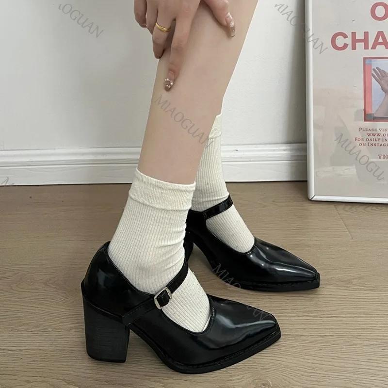 Fashion Black Pointed Thick High Heels Women's Shoes New Spring Retro Mary Jane Shallow Mouth Heels Women Belt Buckle Single Pumps Shoes