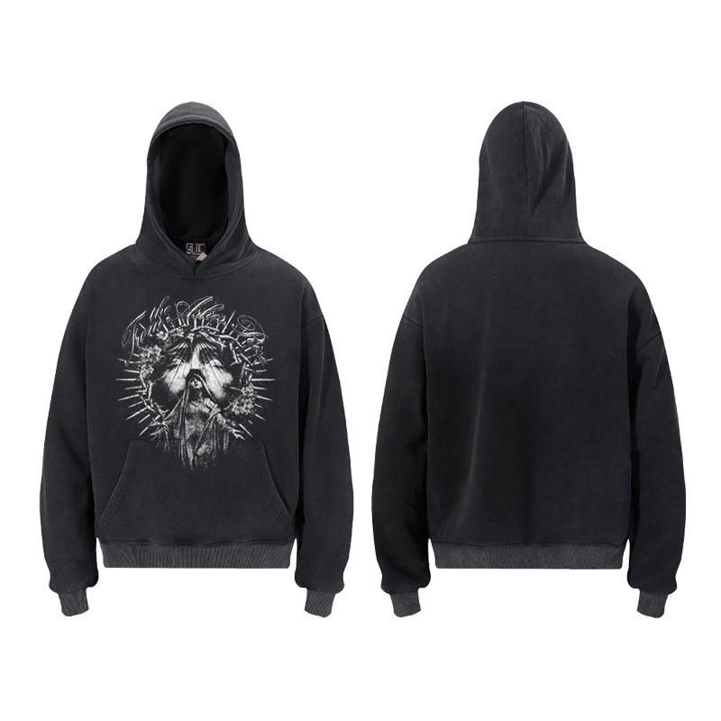Sweat à capuche imprimé Ange Saint Michel Hommes Femmes Streetwear Américain Sweat-shirt à enfiler délavé Coupe décontractée ample