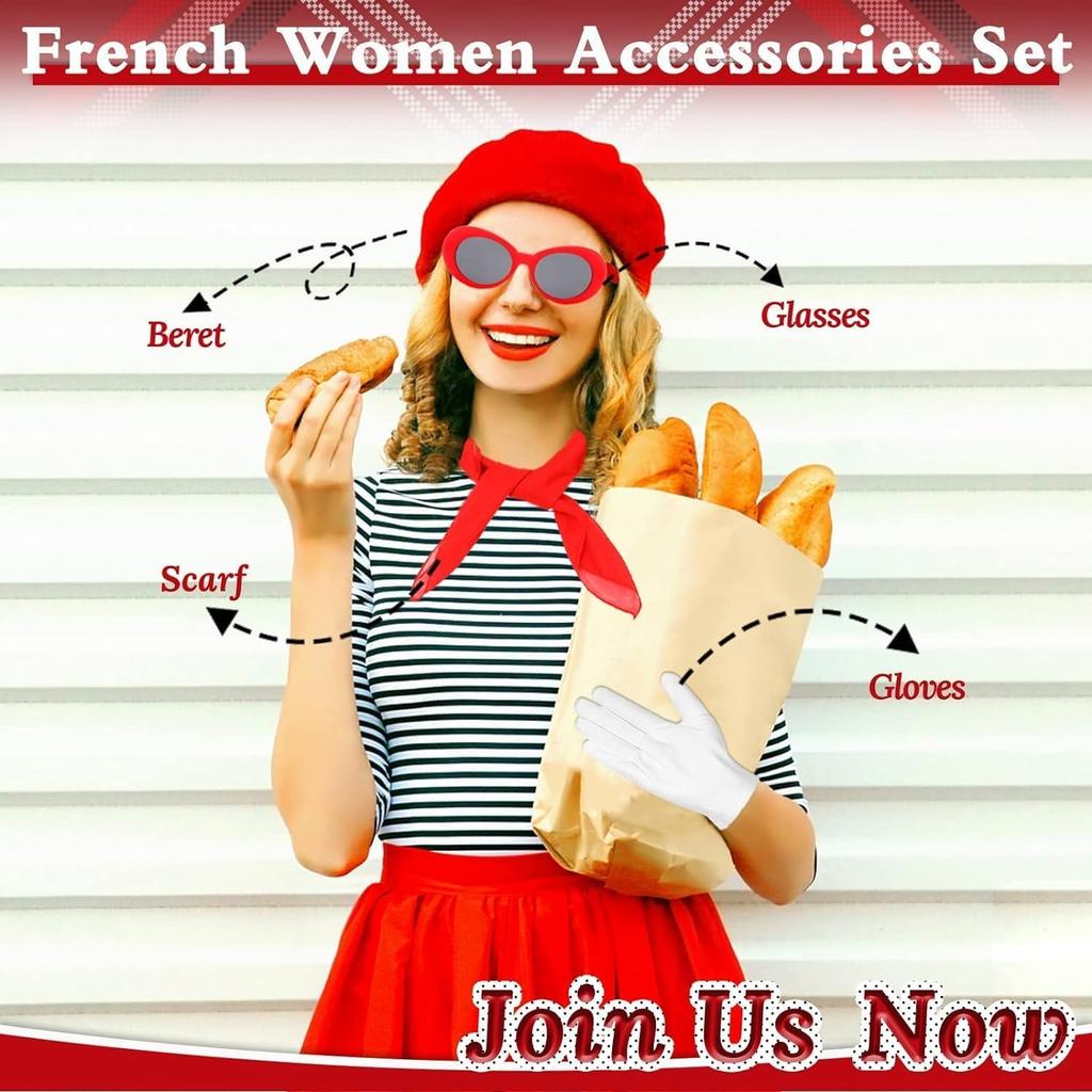 5-piece Set French Women's Red Beret Mime Costume Accessories Set Chiffon Scarf, Gloves, Oval Sunglasses, Vintage French Theme