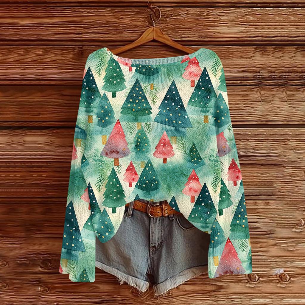 Women's Fashion Round Neck Long Sleeve Christmas Print Casual Pullover Sweater Top