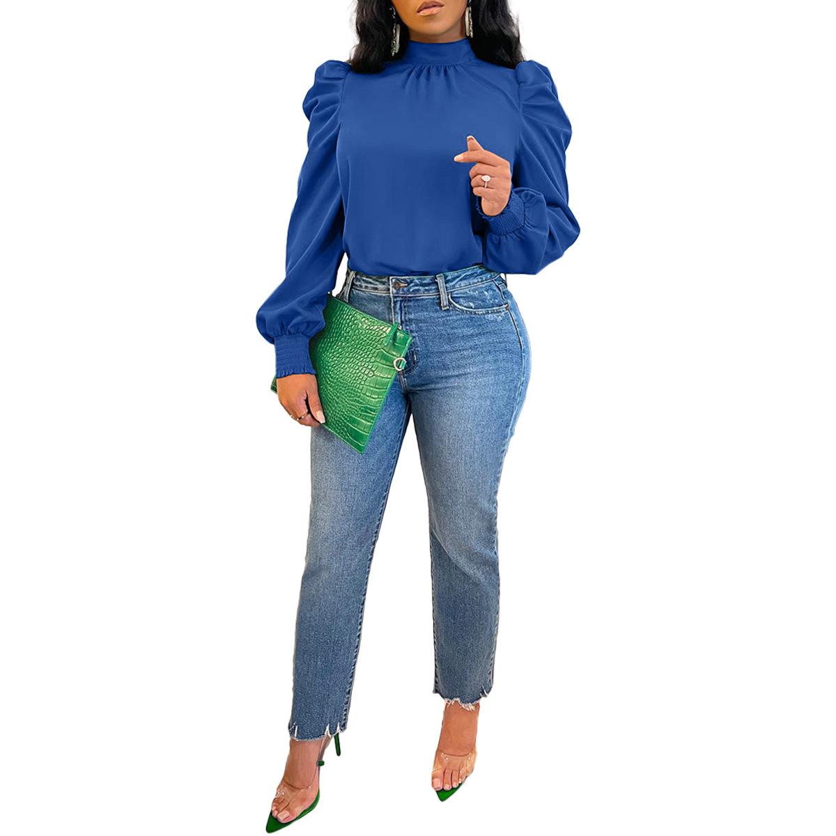 

European and American Women s Solid Color Puff Sleeve Tie-Back Top XL синій