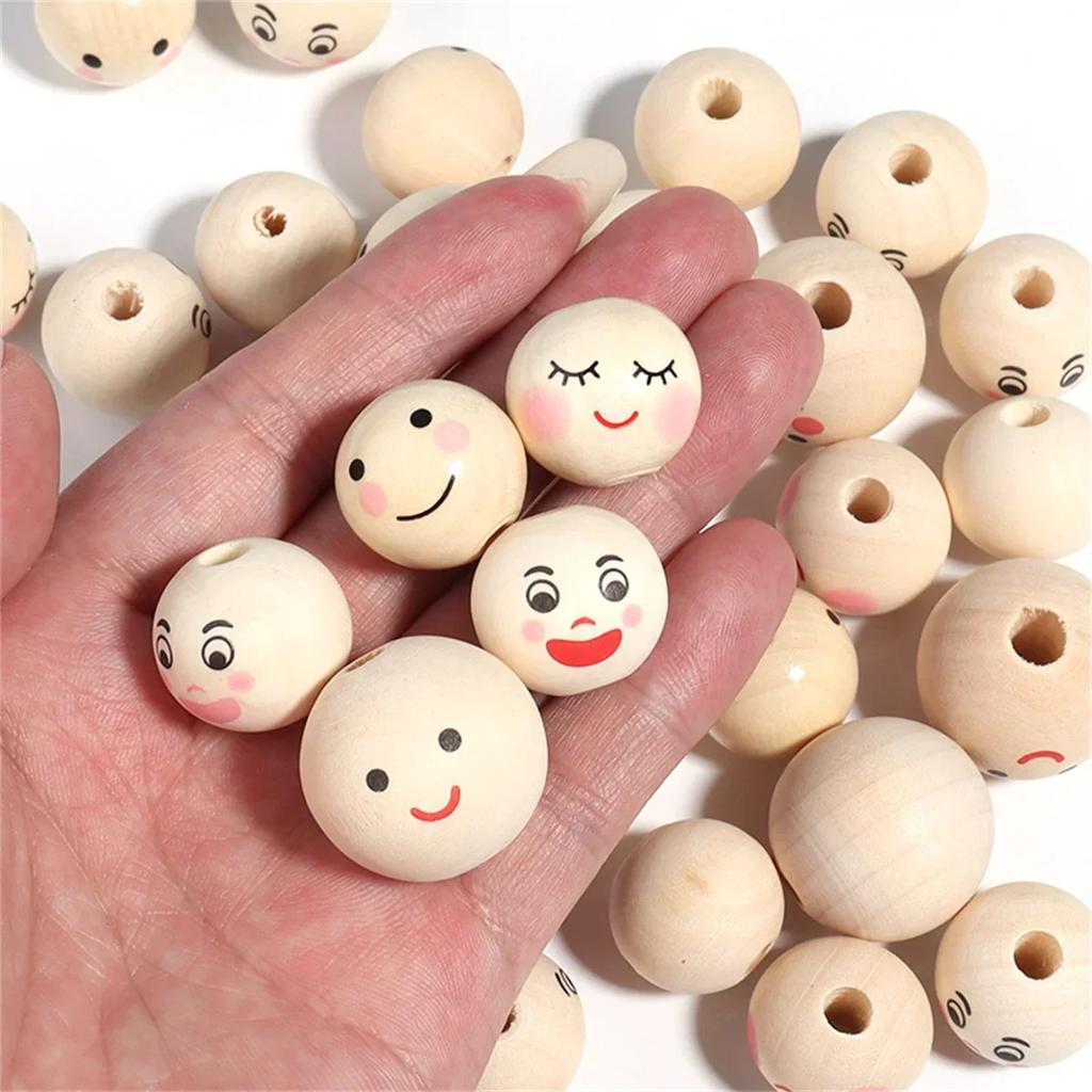 CH02 20Pcs Cute Expression Fun DIY Beaded Charm Bracelet Handmade Round Beads Wooden Crafts Jewelry Beads Accessories Material