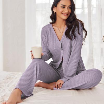 Ensemble Pyjama Uni Printemps Automne pour Femmes Vêtement d'intérieur Cardigan à Manches Longues et Pantalon 2 Pièces Pyjama Sexy Vêtement de Nuit Vêtement d'intérieur