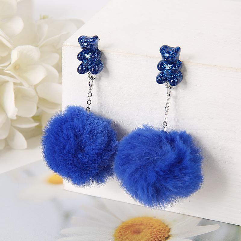 1Pair Cute Pompom Stud Earring Multicolours Resin Candy Bear Charms  With Puffer Ball Fashion Woman Jewelry Birthday Gift
