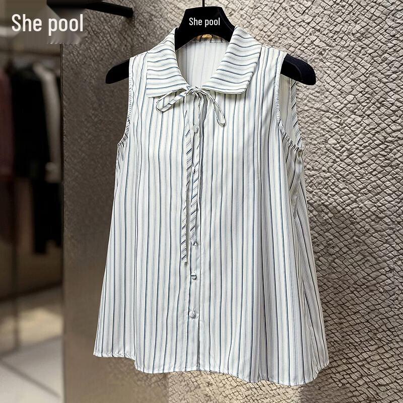 Women s French Style Striped Tie-Waist Sleeveless Shirt M