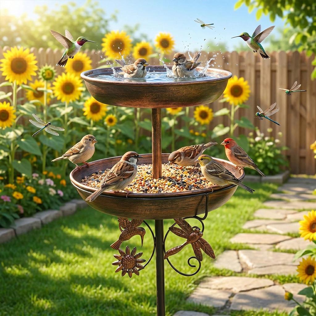 1Pc Vintage 2-Tier Iron Bird Bath & Feeder Combo – Rust-Proof 5-Claw Ground Stake, All-Weather Outdoor Garden Decor for Hummingbirds & Sparrows