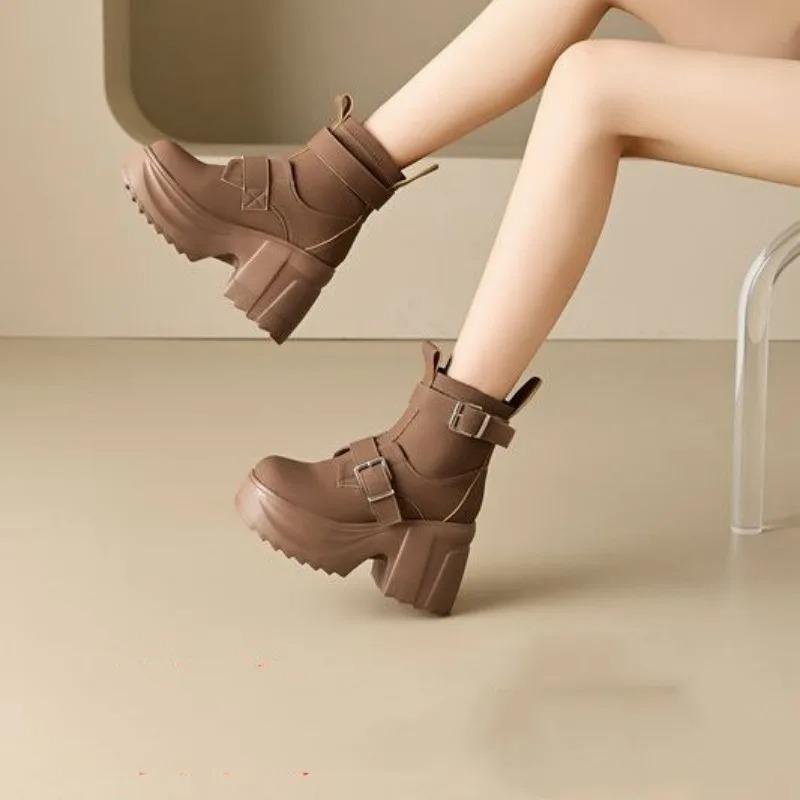 Fashion 10cm Synthetic Leather Motorcycle Boots for Women Winter Autumn High Thick Heels Platform Chunky Short Booties Shoes