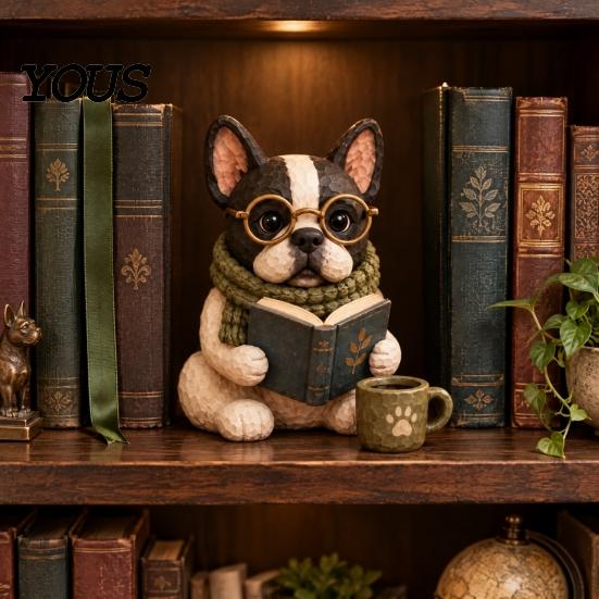 Resin Puppy Figurine Reading Dog Figurine, Cute Book Loving Sculpture for Bookshelf Nook Desk, Gift and Lovers