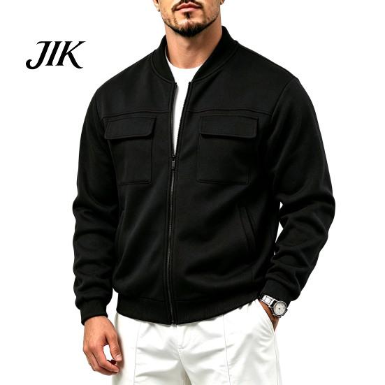 Everyday Basic Sportswear Men Casual Baseball Coat, Lightweight Multi-Pocket Windbreaker, Solid Color Outerwear Outdoor Windbreaker with Stand Collar,