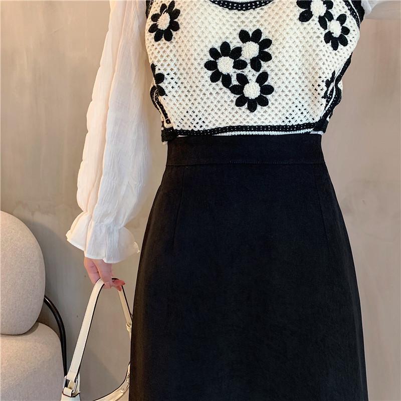 Women's Black High-Waisted Midi Skirt - 2024 Summer French A-Line Slimming Style