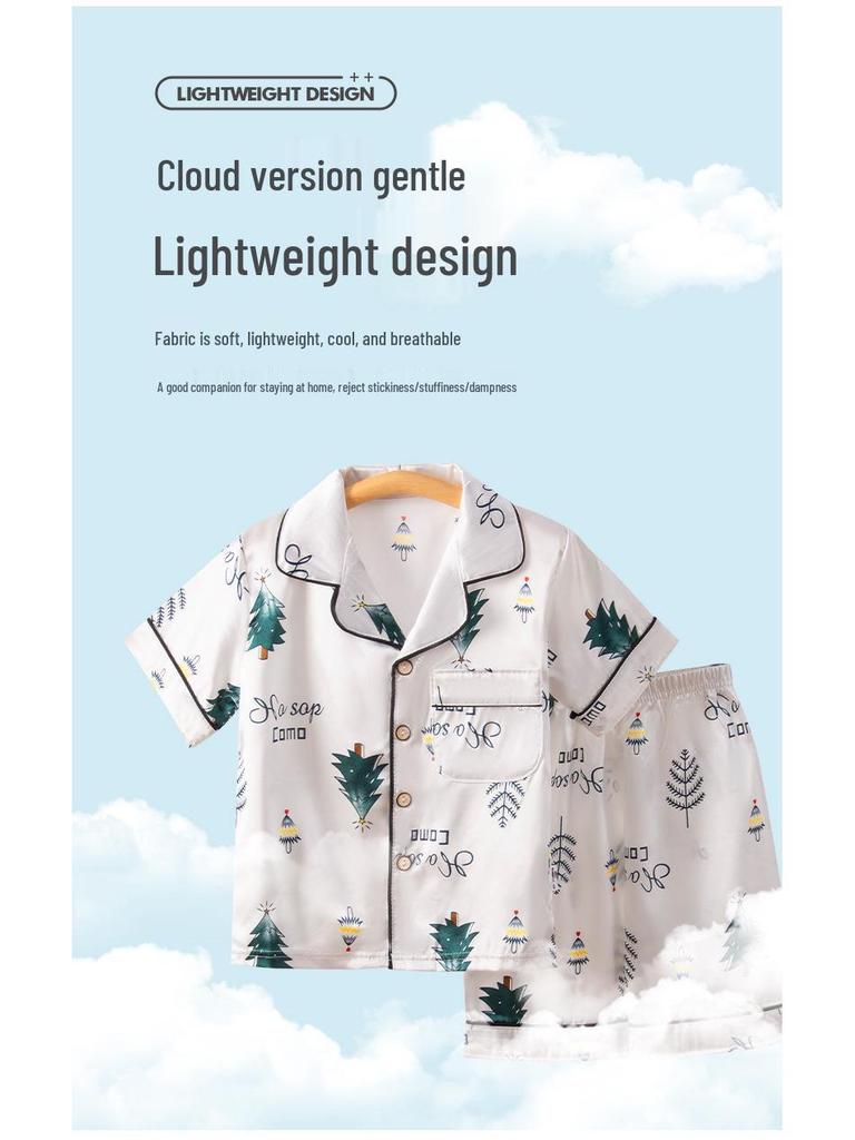 Kids' Cartoon Ice Silk Short Sleeve Pajama Set for Spring and Summer