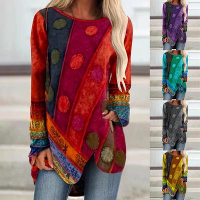Frühlings- und Herbst-Damenmode Vintage Bedrucktes Unregelmäßiger Saum Langarm Freizeit-T-Shirt Übergröße Frühling Locker Langarm Dünnes Shirt