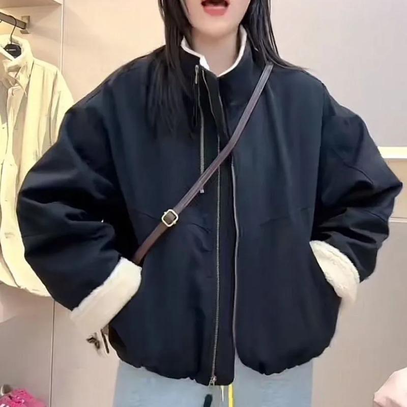 Double Zipper Stand Collar Parka Women's Short Winter New Korean Style Design Imitation Lamb Wool Jacket Casual Jacket