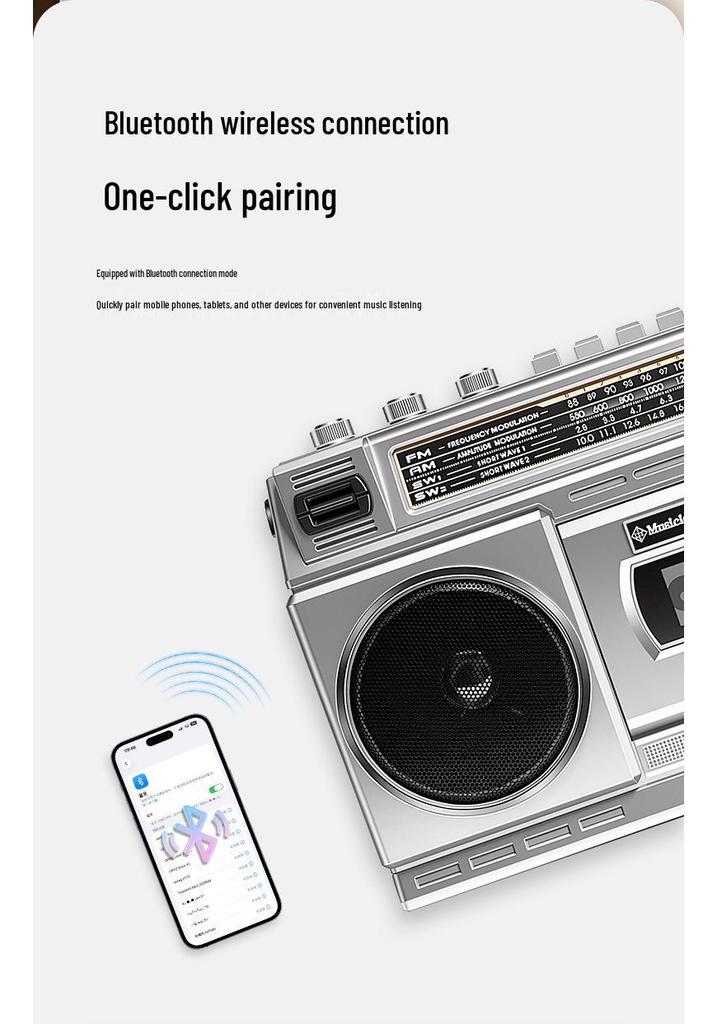 Retro Bluetooth Multifunctional Radio Cassette Player with Dual Speakers for Desktop and Outdoor Use