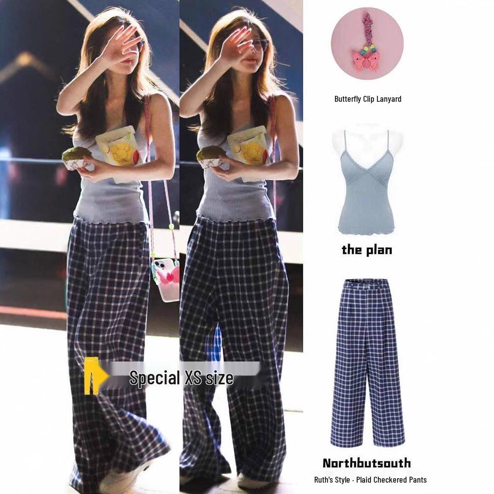 

Zhao Lusi Inspired High-Waist Plaid Wide-Leg Casual Pants for Petite Women XS (recommended 60-79 jin)