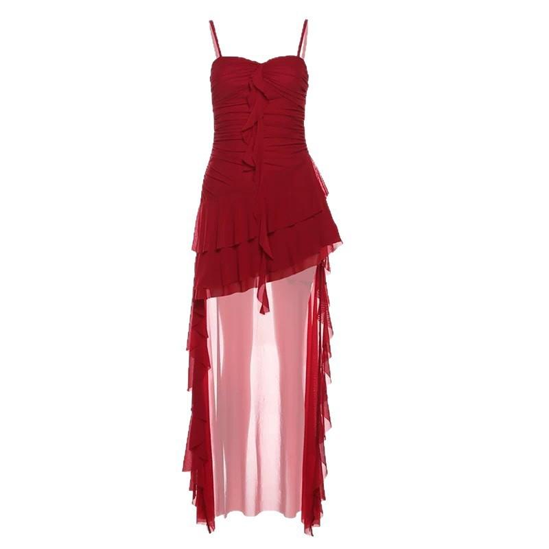 Dunhuang desert red dress retro atmosphere photogenic suspender dress women irregular trailing vacation photo skirt
