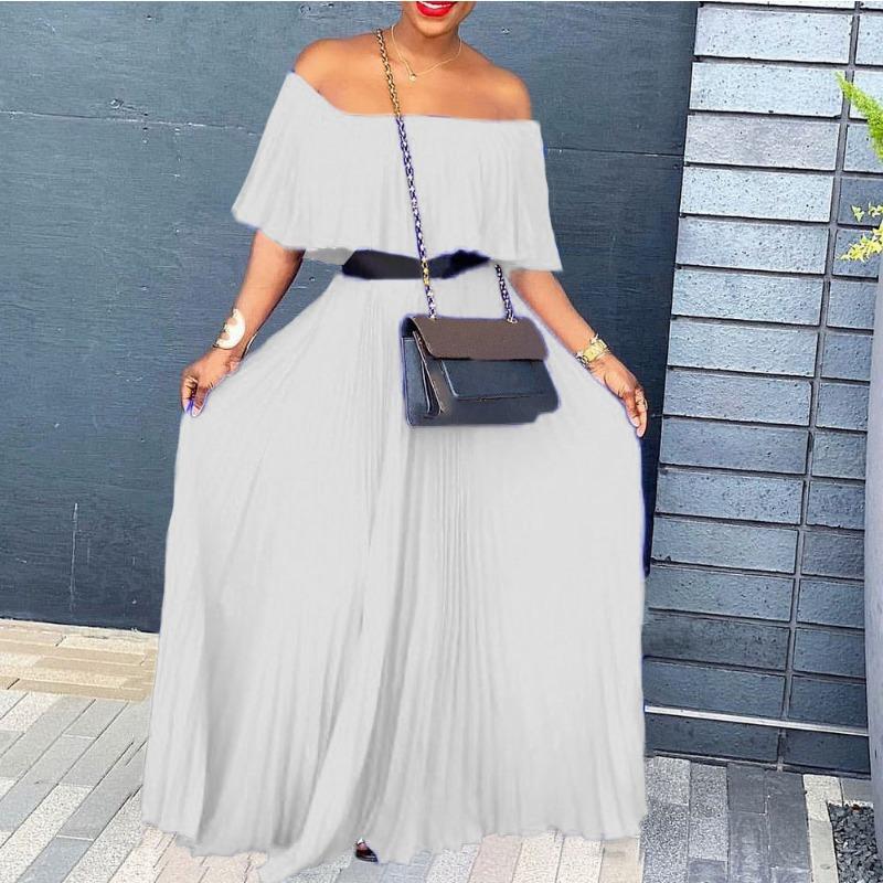 Damen Sexy Schulterfrei Kurzarm Einfarbig Lang A-Linie Abendkleid