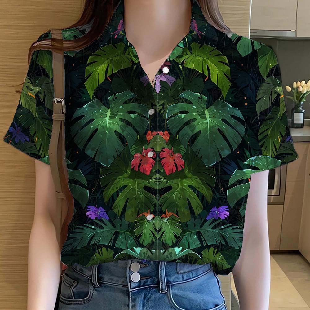 Womens Shirts Tropical plant leaves 3D Printed Tops Casual Hawaiian Short Sleeve Button Beach Shirt Summer y2k Women's Clothes