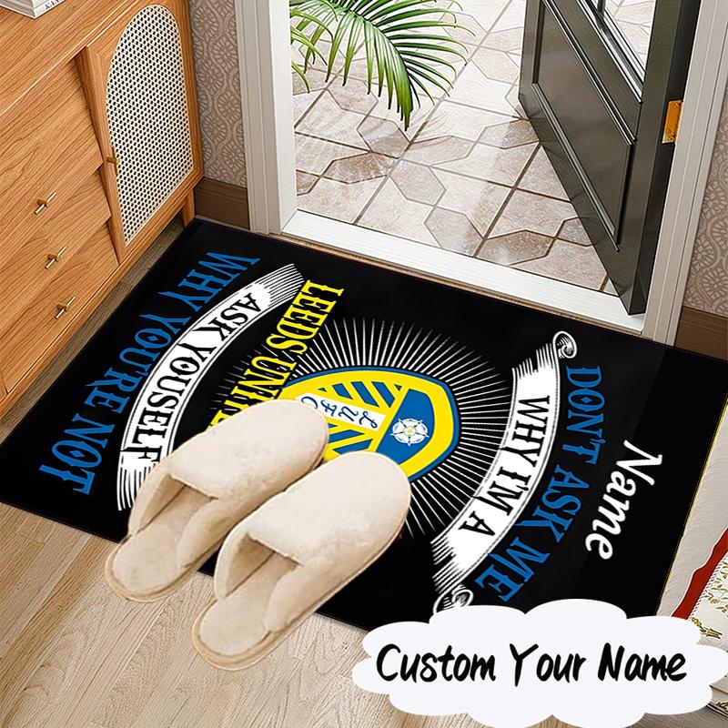 Custom Name Leeds Football Crest Rug for Living Room, Game Rooms, Office, Bedroom, Floor Mat Playful Design, Fan Gifts Christmas Decor