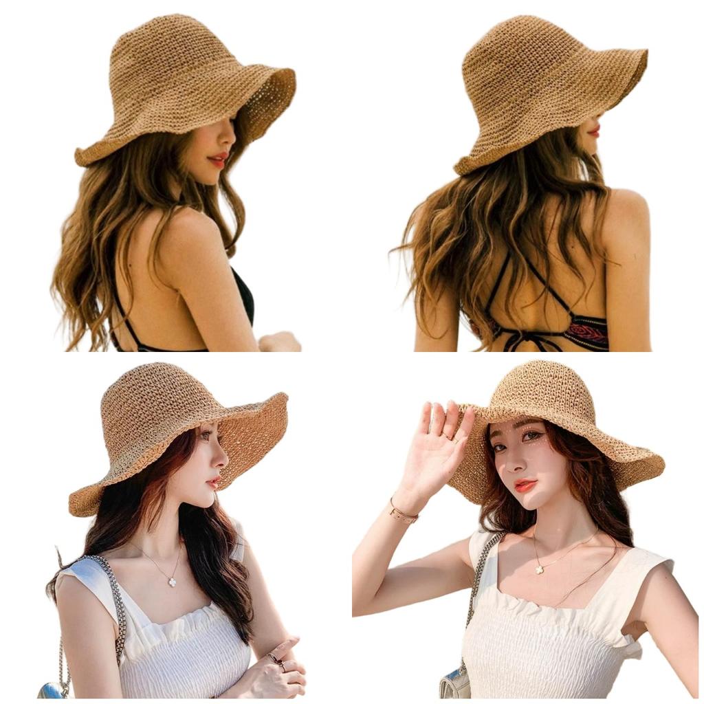 Sommer-Strohhut für Damen, faltbar, natürlicher Stroh-Eimerhut, Outdoor, durchlässig, atmungsaktive Fischerkappe, Reise, Strand