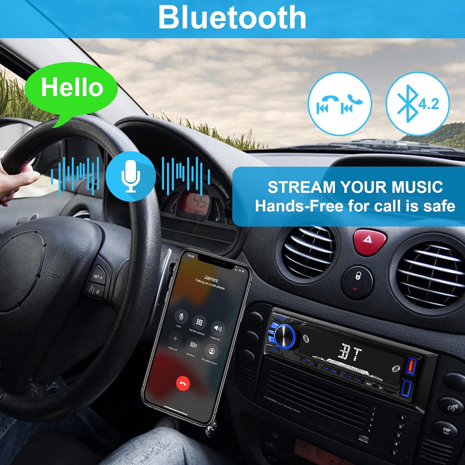 Car Radio Bluetooth Single DIN Car Stereo Audio, Car Audio with Handsfree and App Control,Supports FM/ MP3/SD/AUX/Dual USB/EQ/Quick Charge | Not a CD