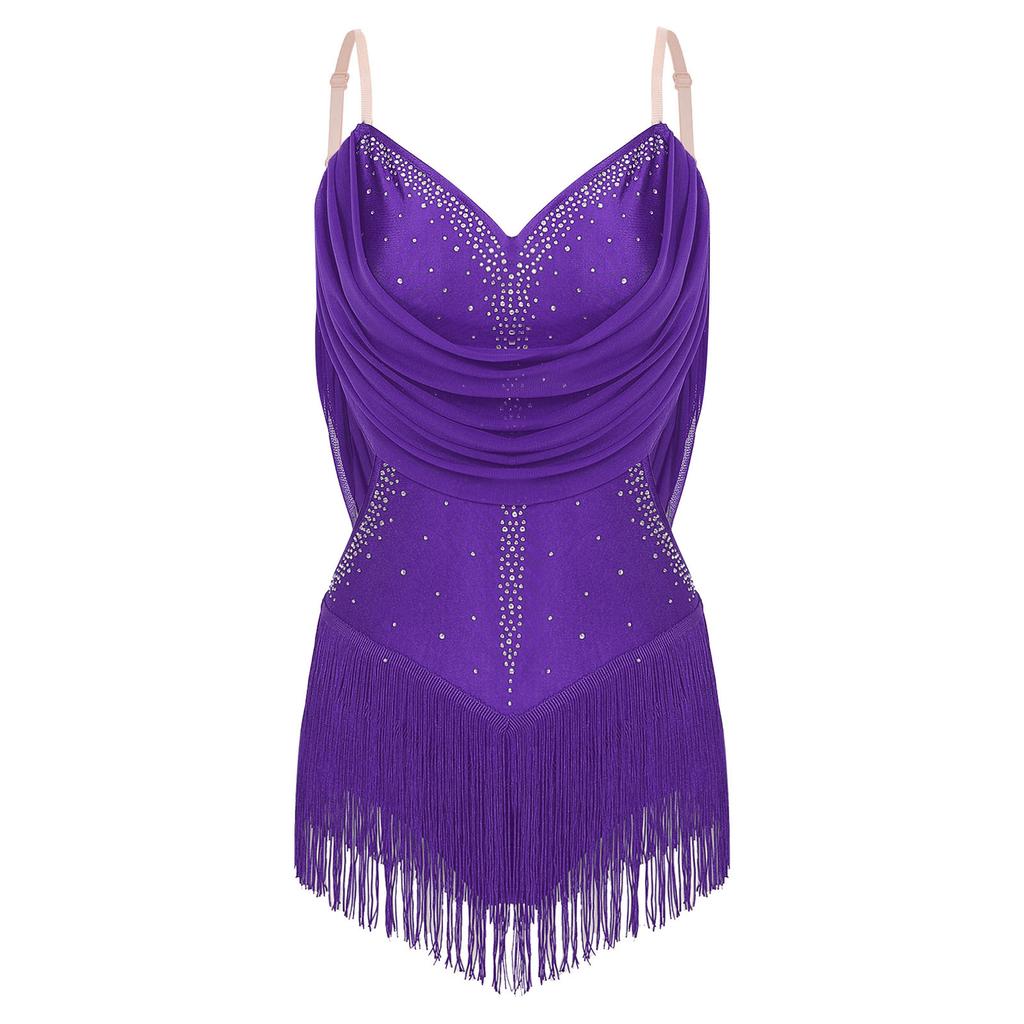 Womens Dance Leotard Ruched Mesh Drapes Glittery Rhinestones Adjustable Straps Cutout Fringe Bodysuit Performance Wear