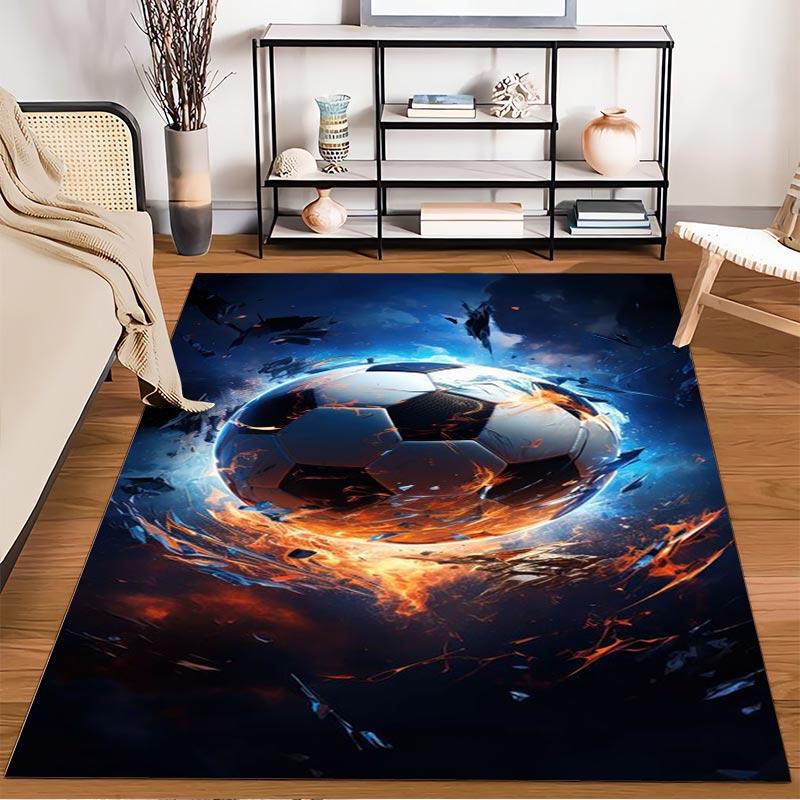Fiery Soccer Ball Design Rug for Living Room – Dynamic Blue and Orange Style Suitable for Use As an Anti-slip for Living Room Bedroom Sofas