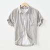 L990 Men's Minimalist Cotton Linen Square Neck Short Sleeve Shirt, Solid Color