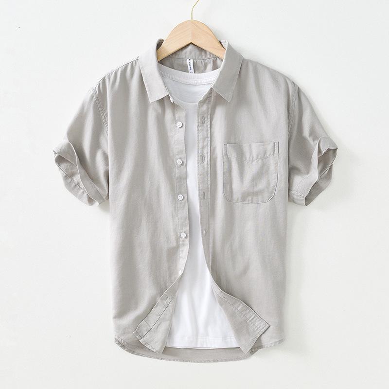 L990 Men's Minimalist Cotton Linen Square Neck Short Sleeve Shirt, Solid Color