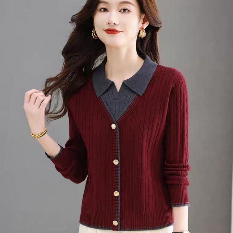 Autumn Winter Polo Neck Fake Two Pieces Knitting Top Women Casual Fashion All-match Vintage Pullover Sweater
