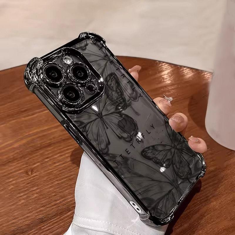 

Черный красивый чехол с бабочкой для iPhone 16 15 14 13 12 11 Pro Max X XR XSMax 7 8 Plus с защитой от падения и подушкой безопасности iPhone 15 Pro Max чёрный