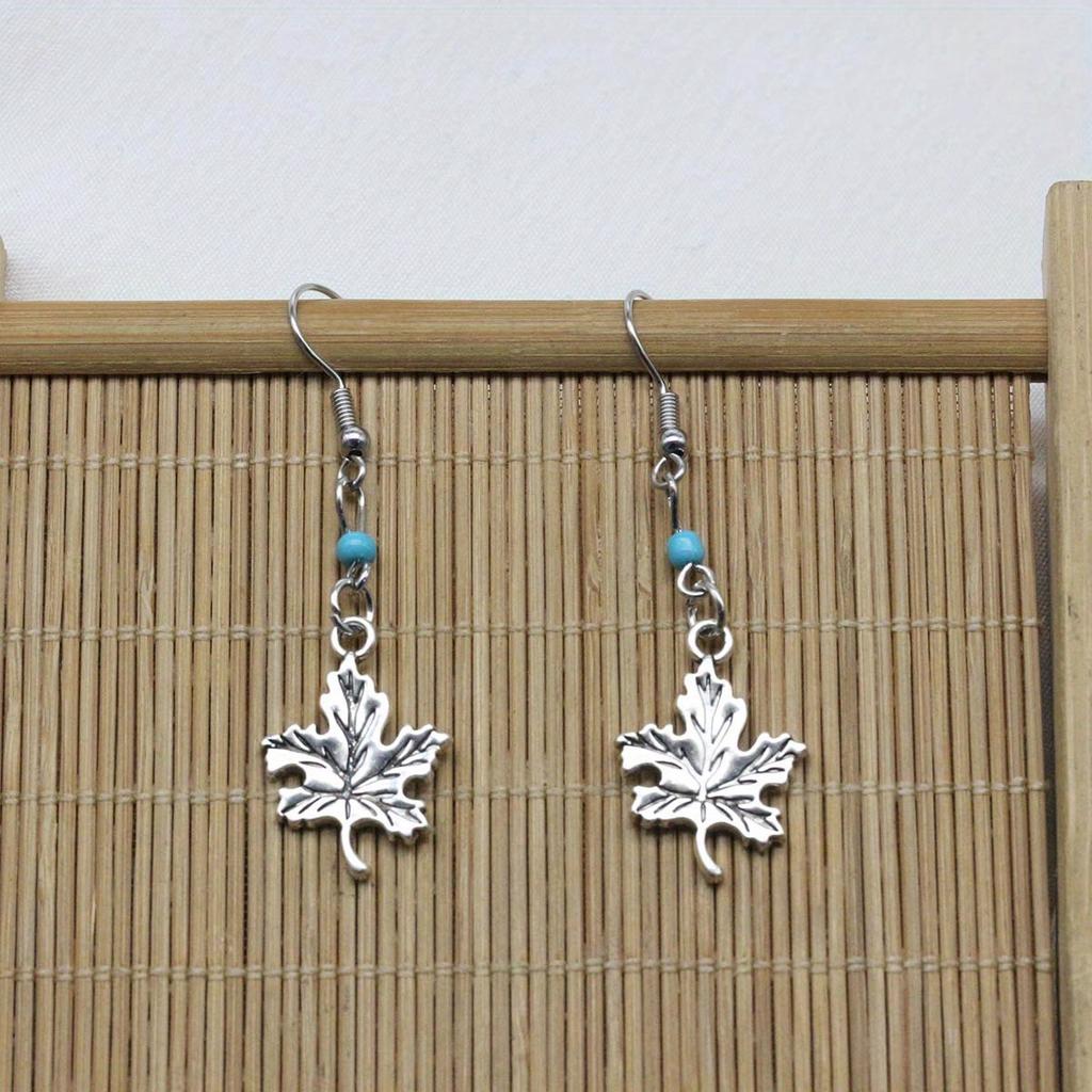 1 Pair of Maple Leaf Element Silver Inlaid Blue Bead Earrings, Naturalistic Design