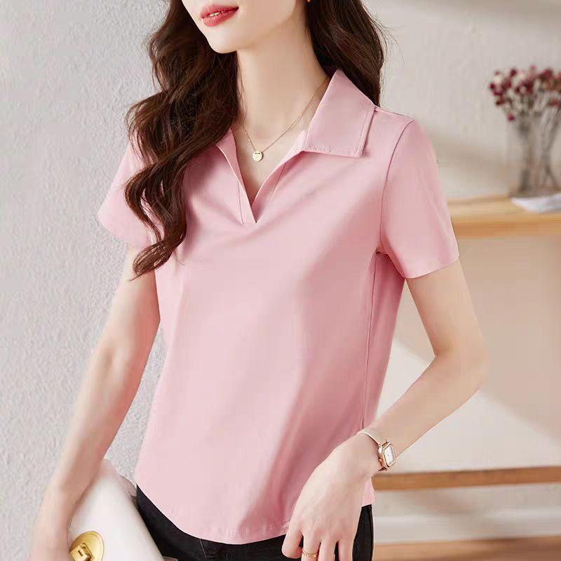 

Foreign Trade Counter High end Women clothes Summer New Pure Cotton Polo Shirt Top V-neck Slimming Versatile Print Artistic T-shirt Pink pure color] M(Suggested 45.00 kg-57.50 kg)