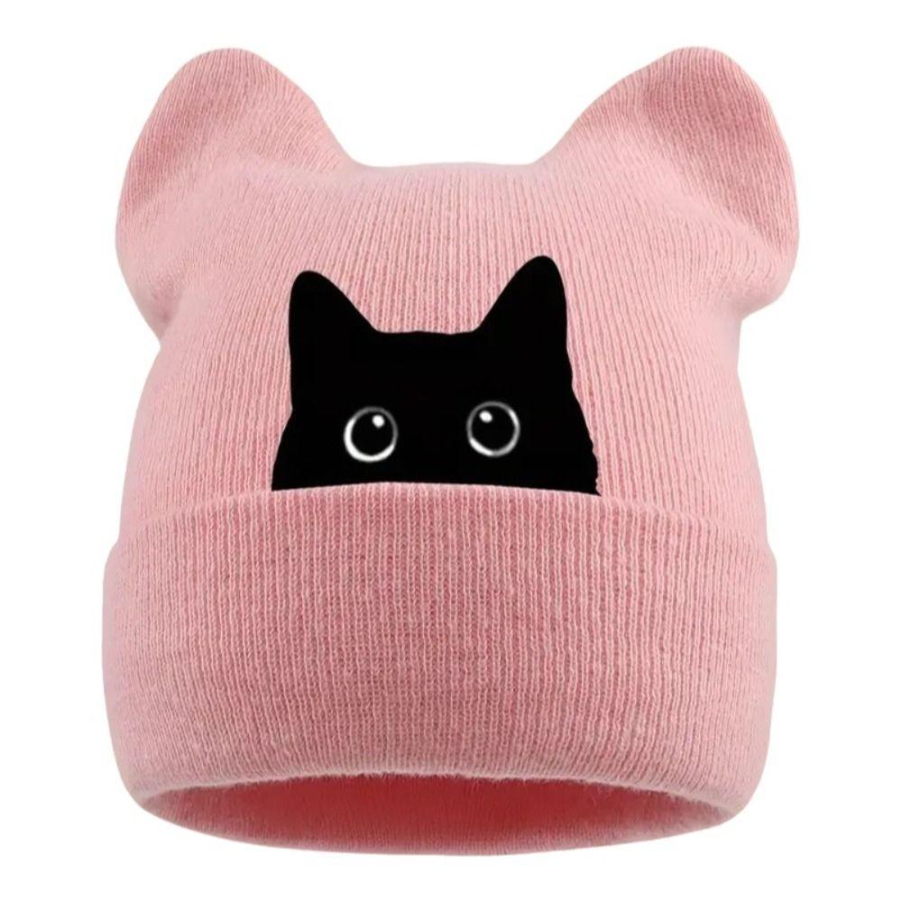 Stretchable Cat Ear Beanie Hat Y2K Harajuku Pullover Hat Fashion Winter Knit Hat Women