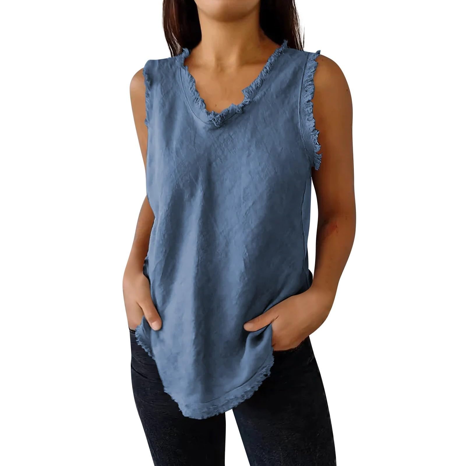 

Women’s Sleeveless V Neck Top with Hem Casual Loose Fit Tank Blouse for Everyday Wear XXXL синій