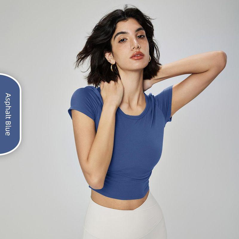 

Yoga Jacket Women s Summer round Neck Short Sleeves High Elastic Plaid Skinny Yoga Clothes Workout Exercise T-shirt Slimming Thin Bitumen blue 4