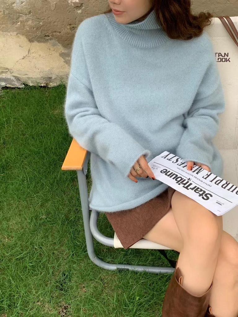 Dámský luxusní svetr z čisté vlny s vysokým límcem v evropském stylu: Podzim/Zima Měkký, Zesílený, S rolovaným okrajem, Volný střih.